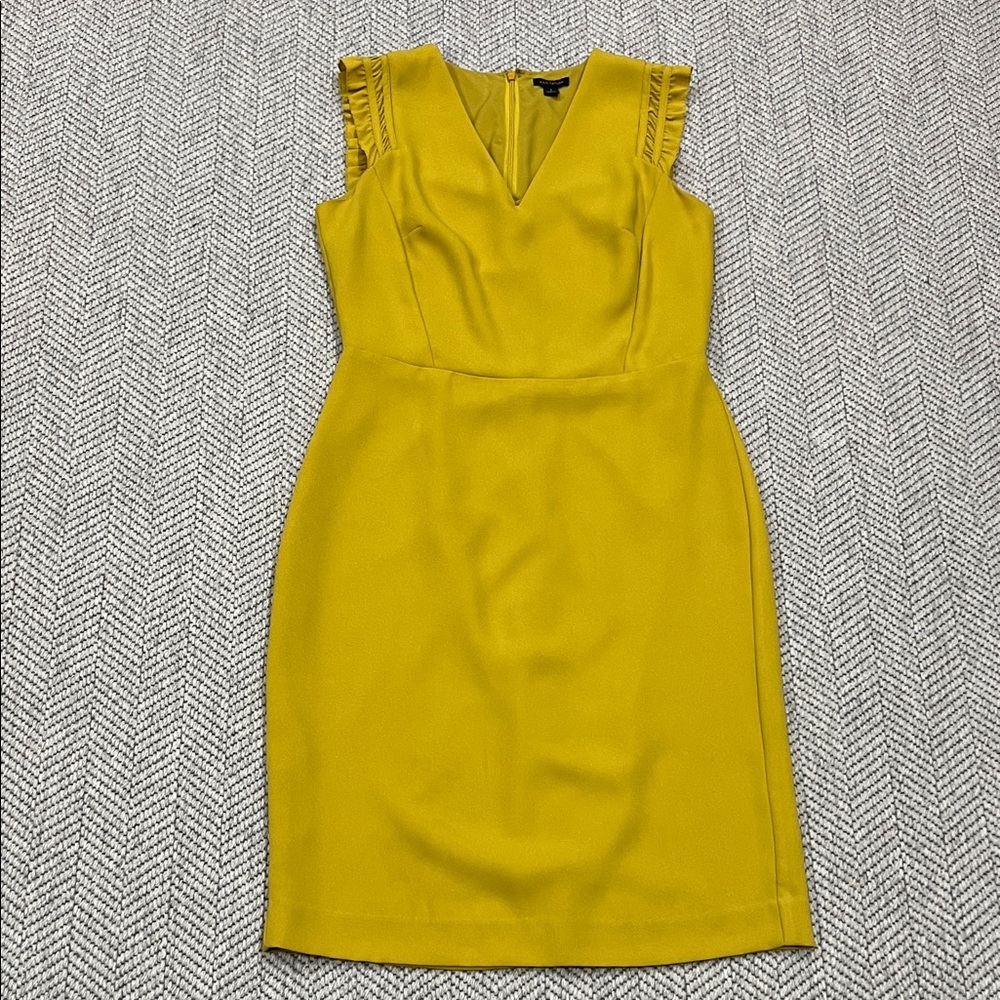 Ann Taylor V-Neck Flutter Shirred Sleeves Sheath Dress In Honey Gold Yellow